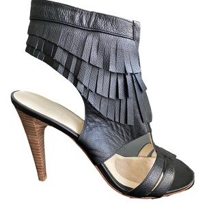 Velvet Angels Black Leather Fringe Zip Front Ankle Open Toe Sandal Heels Sz 38.5